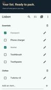 Personal packing checklist with grouped items, quantities and packed checkboxes.