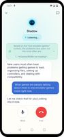 Community discovery screen showing joinable communities, search, and trending stories.Voice agent screen showing hands-free conversation with the Shadow agent.