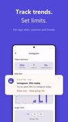Per-app detail for Instagram: 25 minutes, 7 sessions, 7-minute longest session, with an hourly usage chart and a live alert notification offering to pause or snooze.