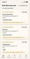 Best Bets list showing verified restrooms, distance and access notes for each location.