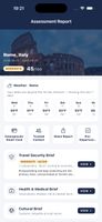 Trip Dashboard — risk score, weather and the eight brief sections for a destination