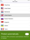 VPN counties list. 10 countries to choose from: USA, UK, Hong Kong, Singapore, Russia, Netherlands, Ukraine, Spain, Germany and France.