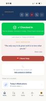 What the family sees when a check-in lands. Custom message option, confirmation, and the family thread. No app required for family members. They get SMS the second a check-in is missed.