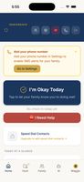 The senior's home screen. One tap on "I'm Okay Today" sends a check-in to the family. Speed Dial keeps adult children one tap away. Red SOS for emergencies.