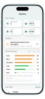 Statistics: last 7 days, plateau insight and weekly sets per muscle group.