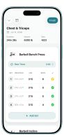 Active workout: sets, previous results, rest timer and a personal record marker on each set.