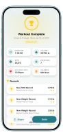 Workout summary with duration, volume, heart rate, calories and new records.