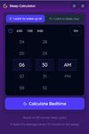 A dark-themed “Sleep Calculator” interface shows a wheel-style time picker. The user selects the time they want to wake up (tab highlighted in purple) and scrolls hours-minutes-AM/PM columns. A prominent purple button labeled “Calculate Bedtime” sits beneath the picker, with a note: “Based on 90-minute sleep cycles – It takes the average person 15 minutes to fall asleep.”