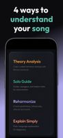Four AI modes for the detected chords: Theory Analysis (color-coded Roman numeral analysis), Solo Guide (scales and target notes for improvising), Reharmonize (substitution ideas) and Explain Simply (plain language for beginners).