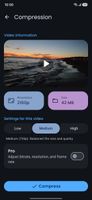 Compression settings with a video preview, quality presets, and optional Pro controls.