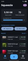 Home screen showing space saved, processed videos, compression modes, and recent results.