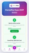 The Rewards tab shows unlocked prizes. Attendees redeem vouchers and enter lucky draws directly from their passport. Organisers configure all rewards from the admin panel.