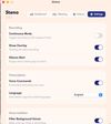 Settings panel with recording options (continuous mode, floating overlay, silence alerts), voice commands for  hands-free punctuation, multi-language support, and voice isolation to filter background noise. 