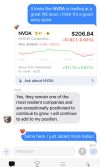 A group thread: typing $NVDA renders a live card inline with price, day change and a chart, and Max answers a question about it without leaving the conversation.