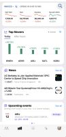 The Markets tab: S&P 500, Dow, Nasdaq and Russell 2000, a top movers chart, headlines tagged to the tickers they cover, and upcoming earnings.