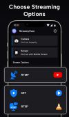 The StreamyCam app interface shows options to stream via camera or screen using RTMP, SRT, and RTSP protocols.