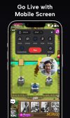 Mobile game live streaming app interface showing real-time RTMP controls, audio/camera toggles, privacy settings, and an on-screen facecam overlay.