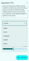 Screenshot of the Supertonic TTS app displaying text in English with a context menu open. 

A drop-down menu just below this allows you to select the language. Below that is a scale in Material Design 3.

Button at the bottom with : Microphone icon with the text ‘Synthesise’.