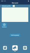 New post screen with selecting of the profile and button for attaching images
