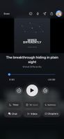 Now Playing screen with chapters, sleep timer, playback speed, and episode chat one tap away.