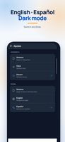 Settings: English and Spanish, with dark mode