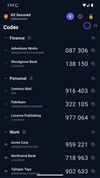 Unlimited codes, free — grouped into folders like Finance, Work and Personal, with one-tap copy.