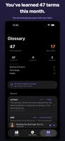 The personal glossary. Every term you look up is saved automatically with the episode it came from and sorted by subject. Free users get the glossary and its vocabulary stats.