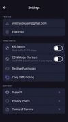 Kill Switch blocks all traffic if the VPN drops — no accidental exposure. Copy VPN Config lets advanced users export the connection for manual setup.