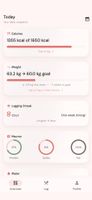 Today dashboard: calories remaining, macro rings for protein, carbs and fat, and water intake.