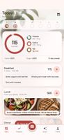 Today dashboard: calories left, macro rings for protein, carbs and fat, and meals logged by time.