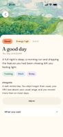 Check-in result: a one-sentence summary, mood, energy level and tags, next to today's health measures.