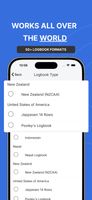 Logbook type selector showing export formats for New Zealand (NZCAA), United States (Jeppesen 14 Rows), Pooley's Logbook, Indonesian, and Nepal formats. 50+ logbook formats available.