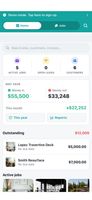 Home dashboard showing monthly money in vs money out, active jobs count, open leads, customers, outstanding invoices, and preview of active jobs.