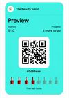 A salon loyalty card in the customer's wallet, using the business's own colours, logo and stamp icon, showing 5 of 10 stamps and the reward.