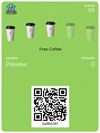 A coffee shop loyalty card in the customer's wallet: 3 of 5 stamps collected, the reward shown as Free Coffee, and the QR code staff scan to add the next stamp.