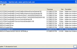 Screenshot of RootkitRevealer detecting the presence of the popular HackerDefender rootkit.