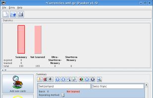 Pauker's displays the results of learning so far, cards needing further study, and progress.