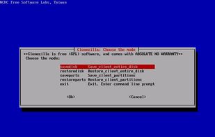 Choices to save or restore partition or disk in clonezilla