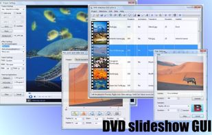 DVD slideshow GUI's Main, Project Settings, Slide Settings, and Pan, Zoom and Rotate windows.