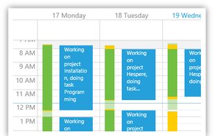 Track your time in an outlook-like calendar. Green and yellow bars left to the time sheet entries indicate booked and unbooked time.