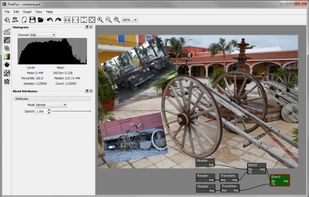 PixaFlux composing 3 images using the Transform and Blend nodes.