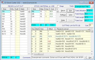Working with 1D Stock Cutter is easy.  Most of the actual task data are presented at the Task Page - the main program control center that allows a user to create a new task, open a stored task file, enter or modify task initial data, activate optimizer run, check resulting cutting layouts (patterns) and main totals.  Never enter the same information twice or any unnecessary information. The program supports data copy / paste from Excel / Access tables, allows easy entry and switching between decimal and fraction formats: any Metric units (like 14.75) or Imperial feet & inches (like 14-3/4" or 1'-2-3/4").
