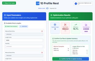 Calculation with results overview of used stock and waste %