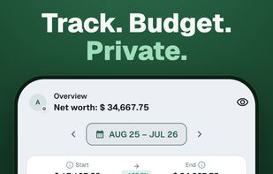 Overview: net worth across all accounts for the selected period, with opening and closing balance, savings rate, a net worth trend line, and income and expenses grouped by category.