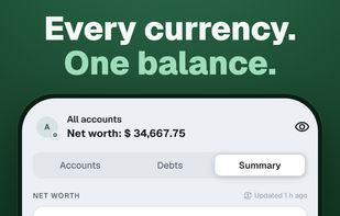 Accounts summary grouping every holding by type, fiat, commodities and crypto, all converted into one home currency, with debt-to-income, savings runway and currency exposure as headline indicators.