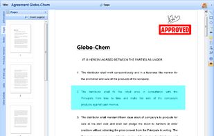 Multi-page document opened in its own separate window. Some text is highlighted, and Stamp and Signature are applied on the document. Expanded 'Pages' tab is seen towards the left.