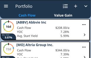 The cashflow view shows a countdown to the next dividend, the yearly cashflow, the average start dividend yield, etc.
