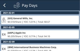 The payday view shows the upcoming dividend ex-dates and paydays of your portfolio.