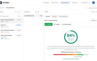 Application hub with an ATS analysis showing an 84% match score