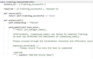 An example python rule.  When the "check" is true, the "action" runs. 